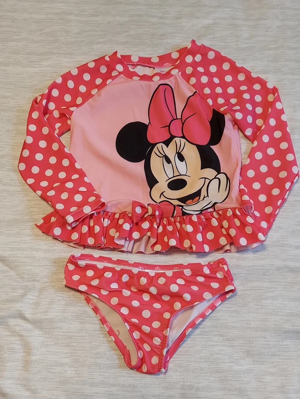 Disney Minnie Mouse pink polka dot long-sleeve rash guard bikini bottom 2PC Suit